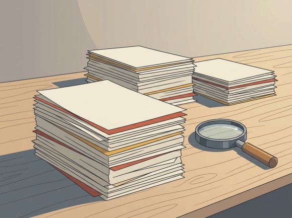 Feuillets triés en trois piles inégales sur un plan de travail, avec une loupe posée à côté.